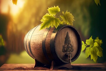 Wall Mural - oak old wine barrel on blurred background, created with generative ai