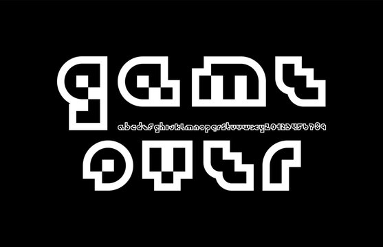 Pixel font, trendy alphabet, white letters and numbers and punctuation marks, vector illustration 10eps