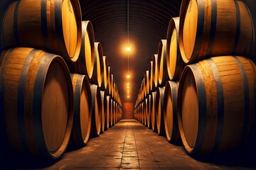 Wall Mural - rows of wooden oak barrel for winemaking in basement, created with generative ai