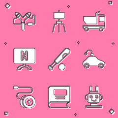 Sticker - Set Slingshot, Wood easel, Toy truck, Smart Tv, Baseball bat with ball, Radio controlled car toy, Yoyo and Book icon. Vector