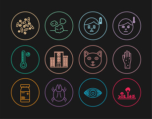 Poster - Set line Mold, Hand with psoriasis or eczema, Fatigue, Medical hospital building, digital thermometer, Medicine pill tablet, Pet and Dust icon. Vector