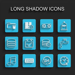 Poster - Set line Music note, tone, Retro flip clock, Delete folder, Telephone 24 hours support, Clock, Calendar with check mark, Water tap and Setting database server icon. Vector