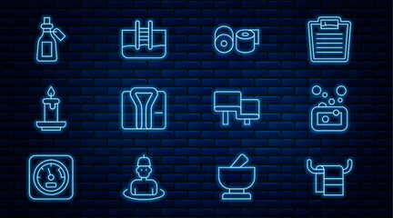 Wall Mural - Set line Towel on a hanger, Bar of soap, Toilet paper roll, Bathrobe, Aroma candle, Essential bottle, Sauna wood bench and Swimming pool with ladder icon. Vector