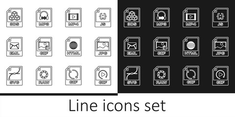 Wall Mural - Set line GIF file document, JPG, MP4, EML, 3DS, HTML and MP3 icon. Vector