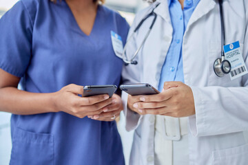 Poster - Phone, healthcare and doctors hands or team with mobile app, telehealth service and contact us for networking. Medical worker, nurse or people typing on cellphone, smartphone or website chat support