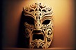 disgruntled wooden tiki mask made of wood with openwork cutouts, created with generative ai