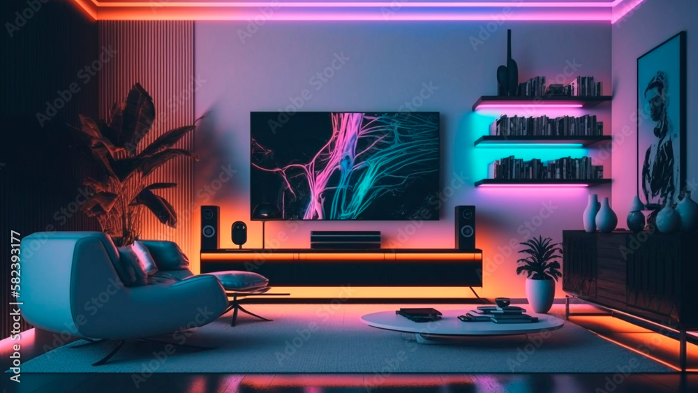 Modern Living Room Interior with Sofa and Television with Neon Lights ...