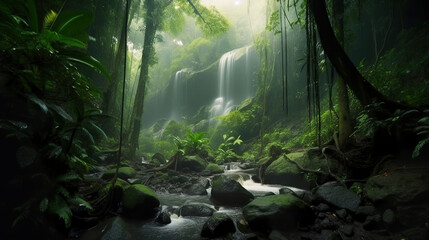 Sticker - waterfall in the lush tropical jungle rainforest, generative ai