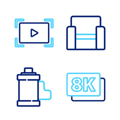 Poster - Set line 8k Ultra HD, Camera film roll cartridge, Cinema chair and Online play video icon. Vector