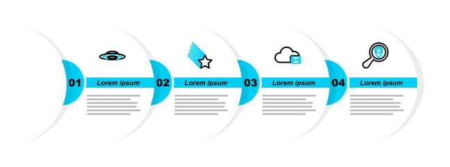 Poster - Set line Search location, Cloud mail server, Falling star and UFO flying spaceship icon. Vector