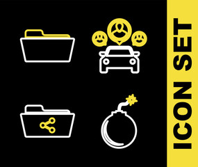 Poster - Set line Car sharing, Bomb ready to explode, Share folder and Folder icon. Vector