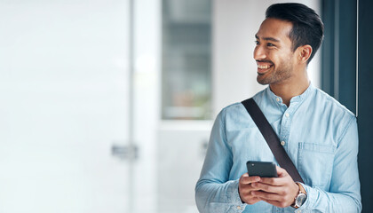 Poster - Happy, business and an Asian man with a phone for social media, communication and chat. Thinking, mockup and a Chinese employee typing on a mobile app, replying to a message or work email online