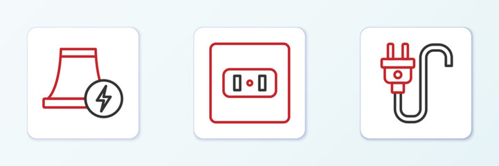 Poster - set line electric plug, nuclear power plant and electrical outlet icon. vector