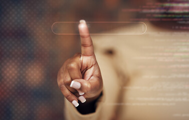 Aufkleber - Hand, search and overlay with a woman online, doing research on an information database using a holographic dashboard. Digital, future and a female user with touchscreen ai or ux hologram technology