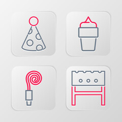 Sticker - Set line BBQ brazier, Birthday party horn, Ice cream in waffle cone and Party hat icon. Vector