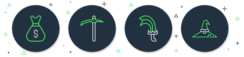 Poster - set line pickaxe, sword for game, old money bag and witch hat icon. vector