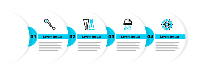 Sticker - Set line Ship steering wheel, Jellyfish, Flippers for swimming and Dead icon. Vector