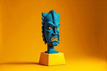 blue indian tiki mask on pedestal on yellow background, created with generative ai