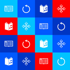 Sticker - Set Open book, Refresh, Audio and Pixel arrows in four directions icon. Vector