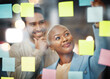 © Allistair/peopleimages.com - Writing, planning and business people with schedule, teamwork or agenda, sticky note or innovation. Idea, partnership and black woman leader with goal, visual or problem solving, calendar or solution