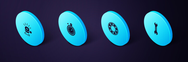 Poster - Set Isometric Wrench spanner, Bicycle ball bearing, Stopwatch and bell icon. Vector