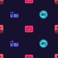 Sticker - Set Prohibition no video recording, Cinema camera, Repeat track music player and MOV file on seamless pattern. Vector