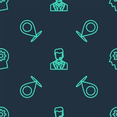 Poster - set line man with a headset, map pin and human gear inside on seamless pattern. vector