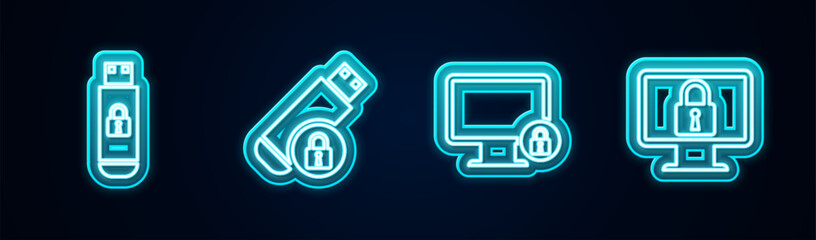 Poster - Set line USB flash drive with lock, , Lock on monitor and . Glowing neon icon. Vector