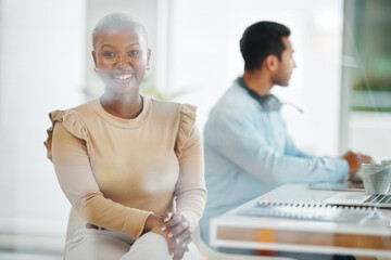 Wall Mural - Portrait, business smile and black woman in office with coworker and pride for career or profession. Boss, professional and happy, confident and proud African female entrepreneur with success mindset