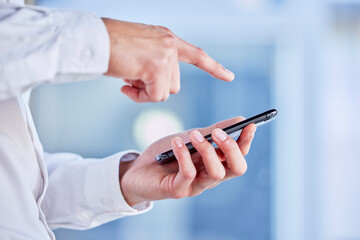 Poster - Hands, phone and touchscreen with a business man in his office, closeup for communication or networking. Mobile, contact and internet with a male employee typing a text message or making a call