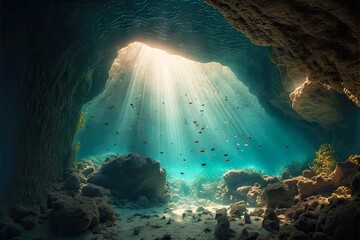 Canvas Print - deep underwater cave with stones under rays of sun, created with generative ai