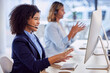 Contact us, call center or happy woman by computer explaining in communications company office. Friendly smile, crm worker or telemarketing sales agent talking online in telecom customer support