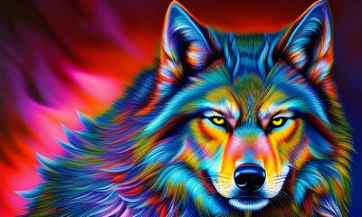 Naklejka na meble Portrait of a wolf in neon colors with a flaming red background. Generative AI.
