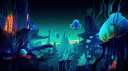 Wall Mural - An underwater cityscape filled with bioluminescent creatures. Fantasy, panoramic shot, deep in the ocean, mysterious atmosphere. Digital Illustration with vibrant and glowing colors. Generative AI