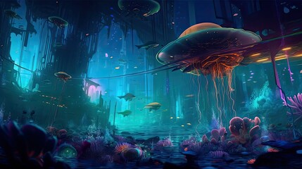 Wall Mural - An underwater cityscape filled with bioluminescent creatures. Fantasy, panoramic shot, deep in the ocean, mysterious atmosphere. Digital Illustration with vibrant and glowing colors. Generative AI