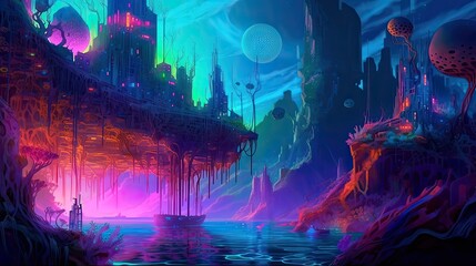 Wall Mural - An underwater cityscape filled with bioluminescent creatures. Fantasy, panoramic shot, deep in the ocean, mysterious atmosphere. Digital Illustration with vibrant and glowing colors. Generative AI