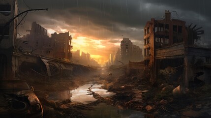 Destroyed city post- apocalypse concept. futuristic cityscape illustration. AI generated	
