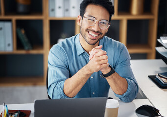 Sticker - Asian man, portrait smile and small business finance or networking at office desk. Portrait of happy male analyst, financial advisor or accountant smiling in management for startup at workplace