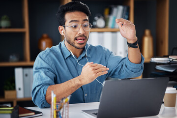 Poster - Asian man, laptop and consulting in video call for communication with earphones at office desk. Male employee explaining project plan in webinar, virtual meeting or talking on computer at workplace