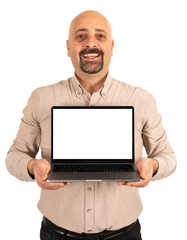 Transparent png image of bald middle aged caucasian man showing laptop. Empty blank screen notebook mock up. Isolated white background. Copy space. Recommending web site advertisement concept idea.