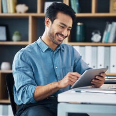 Poster - Happy asian man, tablet and smile for social media, communication or networking at office desk. Male creative designer smiling on touchscreen for digital marketing, browsing or advertising in startup