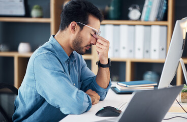 Canvas Print - Stress, headache and tired man on computer with career burnout, anxiety or mental health risk in office. Sad business man with depression, migraine and anxiety for online job mistake, fail or fatigue