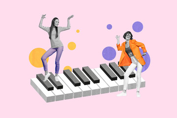 Poster - 3d retro abstract creative artwork template collage of smiling happy ladies dancing playing piano isolated painting background