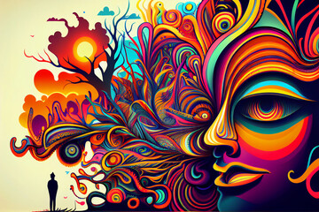 Trippy and psychedelic artwork. Surreal illustration in vivid multicolors. Eyes and face theme