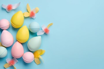 Wall Mural - Group of pastel colored Easter eggshells. Easter Holiday concept. Greeting card design. Top view. Copy space. Generative ai.