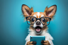 Happy Smiling Smart Dog Holding A Smartphone, Blue Background. Generative AI