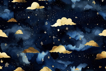 Wall Mural - Generative AI illustration seamless pattern of the night sky with gold foil constellations, stars and clouds. Watercolor background of the night sky.