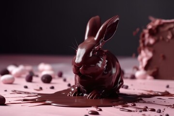 Wall Mural - Chocolate Easter bunny with slice of cake. Copy space. Generative ai.