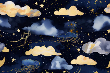 Wall Mural - Generative AI illustration seamless pattern of the night sky with gold foil constellations, stars and clouds. Watercolor background of the night sky.