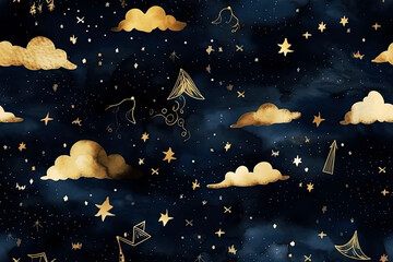 Wall Mural - Generative AI illustration dark blue seamless pattern with gold foil constellations, stars and clouds. Watercolor background of the night sky.